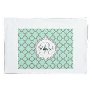 Mint Green Grey Quatrefoil Name Monogrammed Laurel Pillowcase
