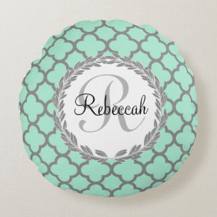 Mint Green Grey Quatrefoil Name Monogrammed Laurel Round Pillow