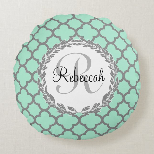 Mint Green Grey Quatrefoil Name Monogrammed Laurel Round Pillow (Front)