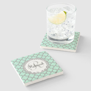 Mint Green Grey Quatrefoil Name Monogrammed Laurel Stone Coaster
