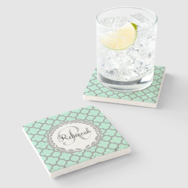 Mint Green Grey Quatrefoil Name Monogrammed Laurel Stone Coaster (Side)