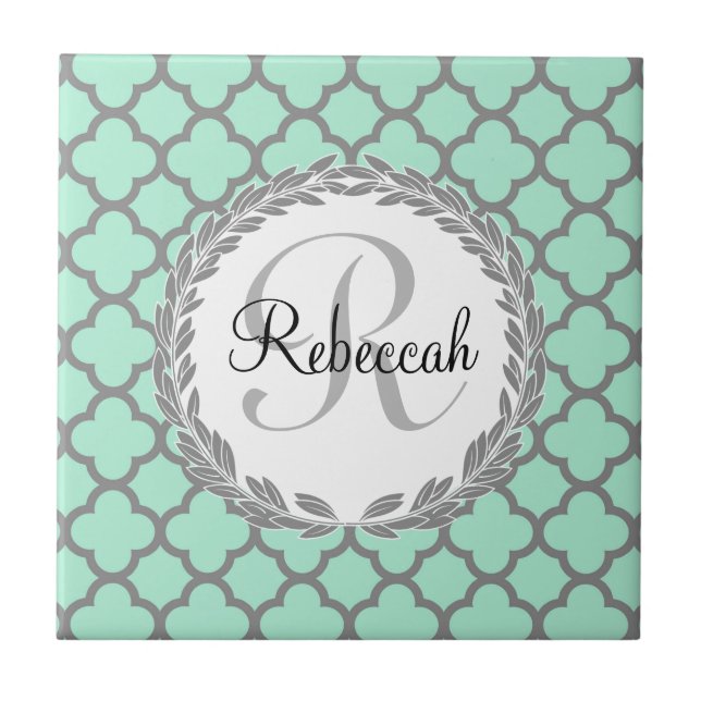 Mint Green Grey Quatrefoil Name Monogrammed Laurel Tile (Front)