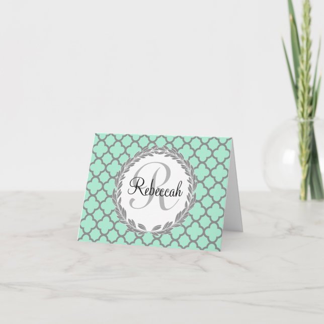 Mint Green Grey Quatrefol Nom Monogramme (Devant)