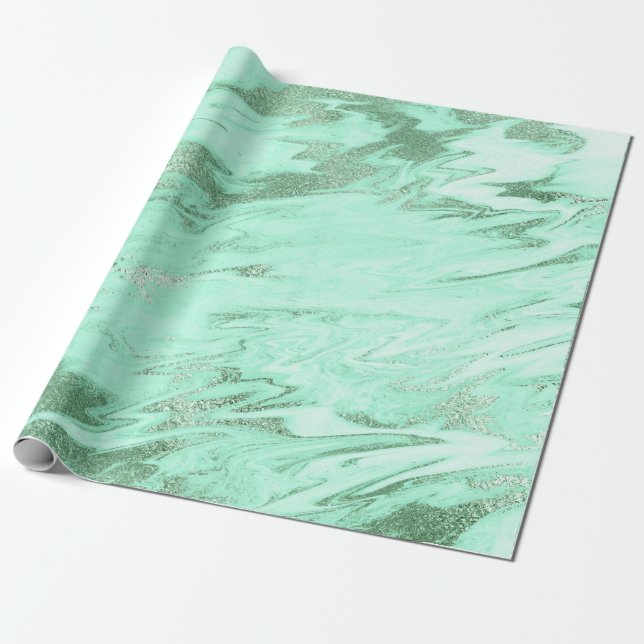 Mint Green Grey Silver White Marble Shiny Glam Wrapping Paper (Unrolled)