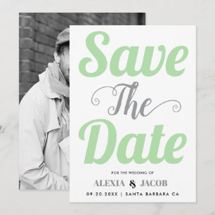 Mint green, grey typography and photo on the back save the date