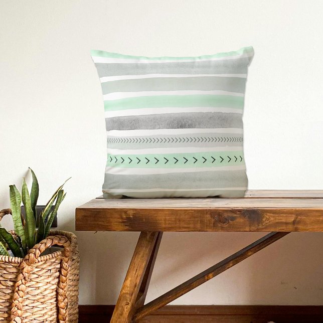 Mint Green Grey Watercolour Stripes Arrows Pattern Throw Pillow (Creator Uploaded)