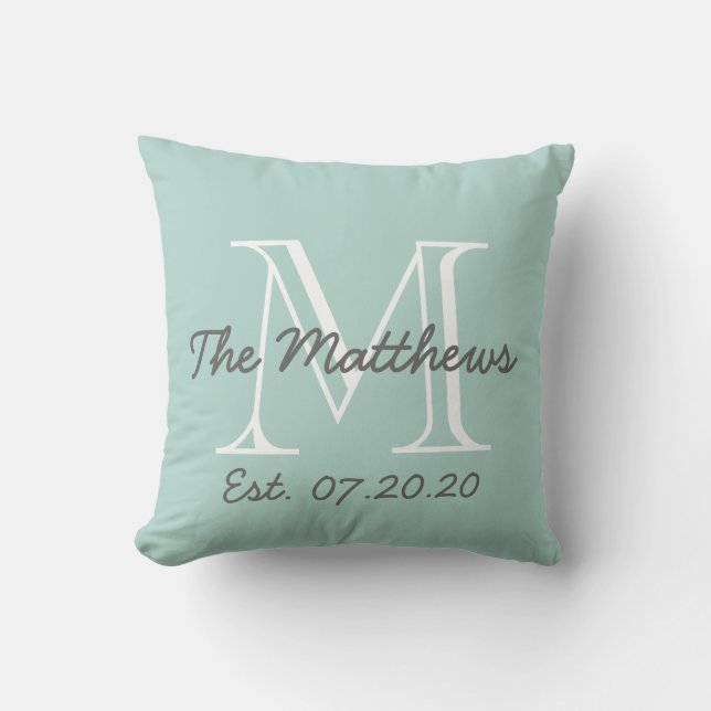 Mint Green Grey White Family Monogram Throw Pillow (Front)
