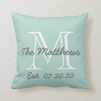Mint Green Grey White Family Monogram Throw Pillow