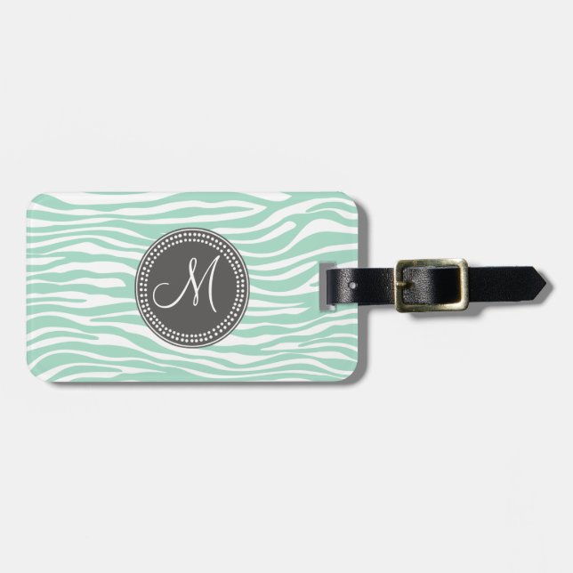 Mint Green & Grey Zebra Monogram Pattern Luggage Tag (Front Horizontal)