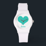 Mint Green Heart - Personalized Name Watch<br><div class="desc">Graphic design of a mint green heart on a white background. You can personalize the watch with your own name.</div>