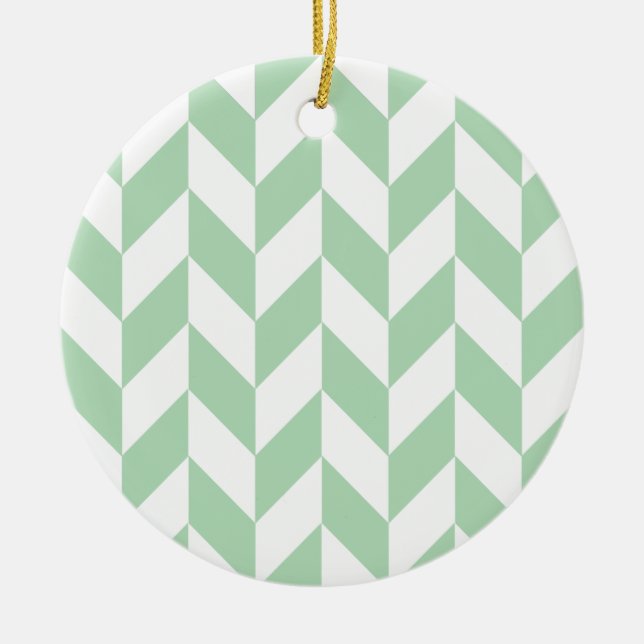 Mint Green Herringbone Pattern Ceramic Ornament (Front)