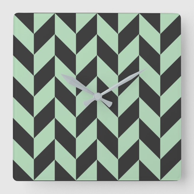 Mint Green Herringbone Pattern Square Wall Clock (Front)