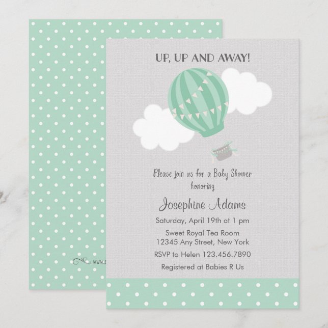 Mint Green Hot Air Balloon Baby Shower Invitation (Front/Back)