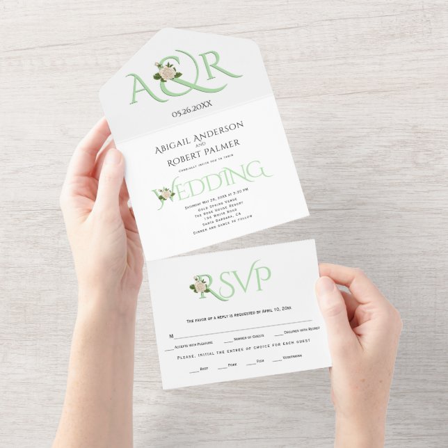 Mint green initials and ampersand, rose wedding all in one invitation (Tearaway)