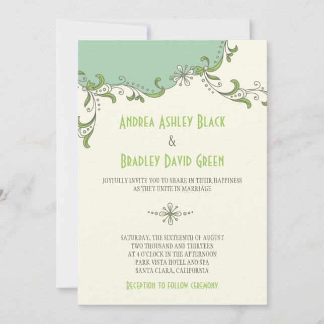 Mint Green Ivory Floral Garland Faire-part de mari (Devant)
