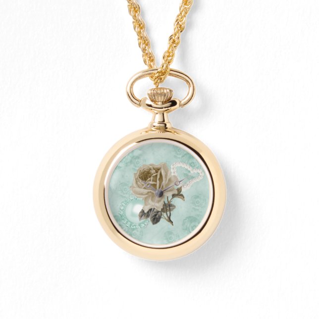 Mint Green Ivory Roses Gold Bracelet Watch (Front)