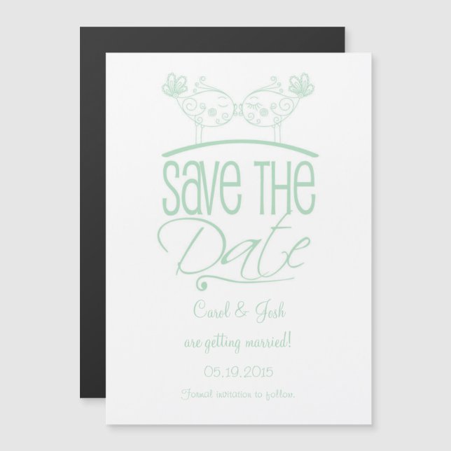 Mint Green Kissing Birds Magnetic Save the Date Invitation (Front/Back)