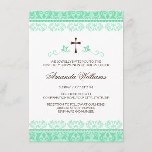 Mint green lace girls first communion confirmation invitation