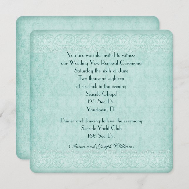 mint green lace Wedding Vow Renewal Invitation (Front/Back)