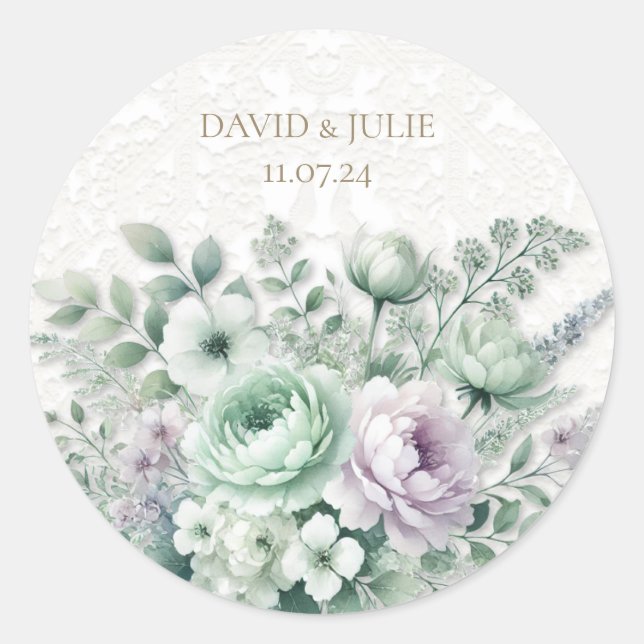 Mint Green & Lavender Floral White Lace Wedding Classic Round Sticker (Front)