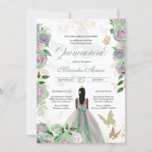 Mint Green & Lavender Roses Butterfly Quinceanera  Invitation