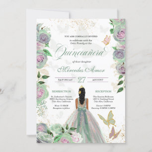 Mint Green & Lavender Roses Butterfly Quinceanera Invitation
