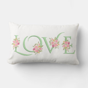 Mint green Love typography roses Valentines Day Lumbar Pillow