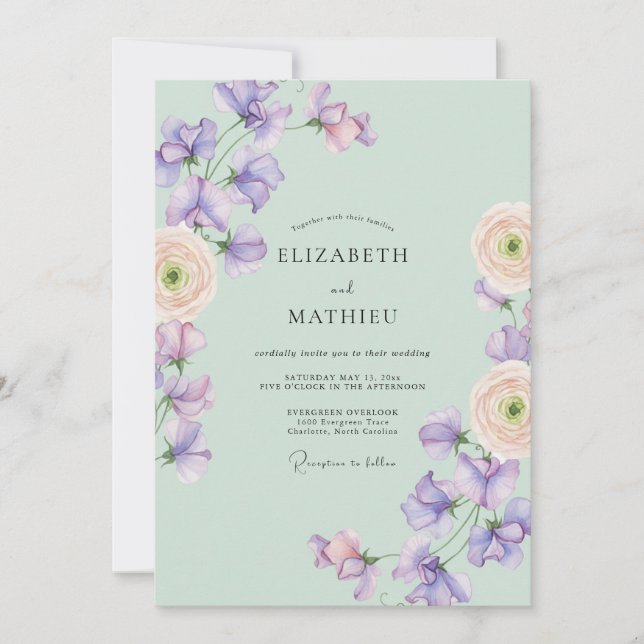 Mint Green Lush Sweet Pea Wedding Invitation (Front)