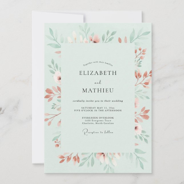 Mint Green Lyrical Blossom Wedding Invitation (Front)