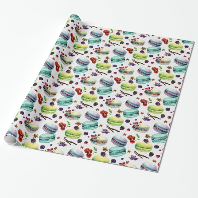 Mint Green Macaroons & red Berries Seamless Patter Wrapping Paper (Unrolled)
