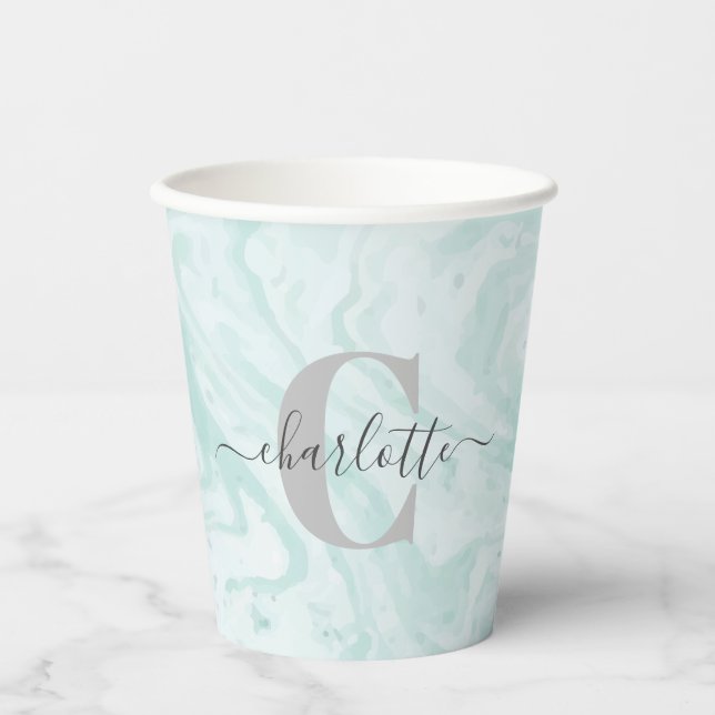 Mint Green Marble Custom Monogrammed   Paper Cups (Front)