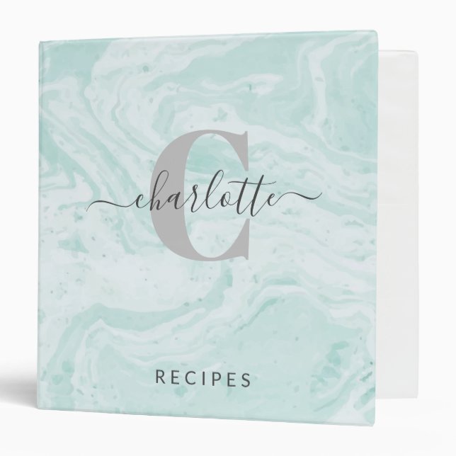 Mint Green Marble Custom Monogrammed Recipe  Binder (Front/Inside)