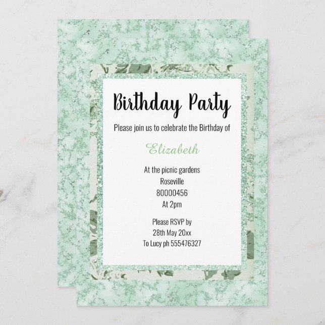 Mint Green Marble Floral Glitter Birthday Invitation (Front/Back)