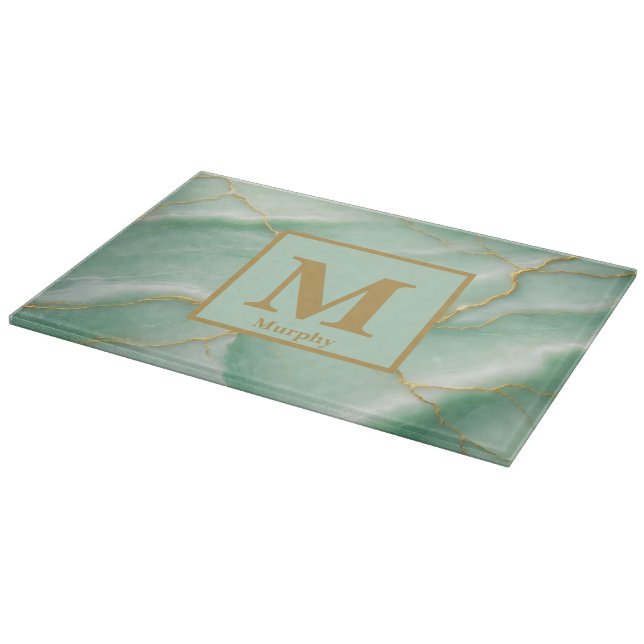 Mint Green Marble with Light Gold Veins Monogram Cutting Board (Corner)