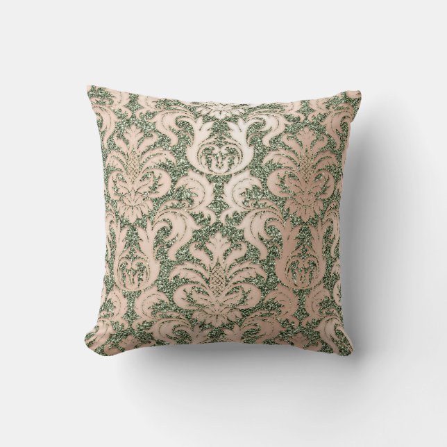 Mint Green Metal Damask Rose Pink Blush Glitter Throw Pillow (Front)
