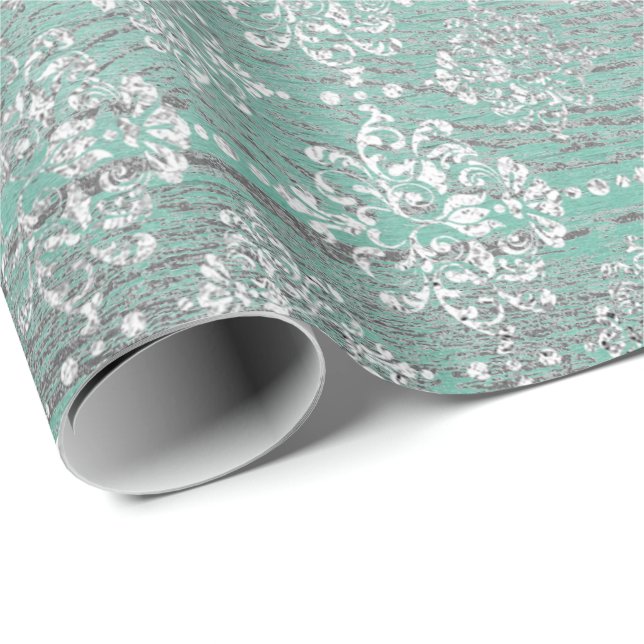 Mint Green Metallic Damask Silver Grey Wood Rustic Wrapping Paper (Roll Corner)
