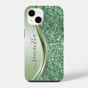 Mint Green Metallic Glitter Bling Handwritten iPhone 14 Case