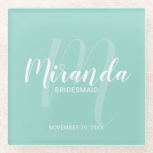 Mint Green Modern Script Personalized Bridesmaids Glass Coaster