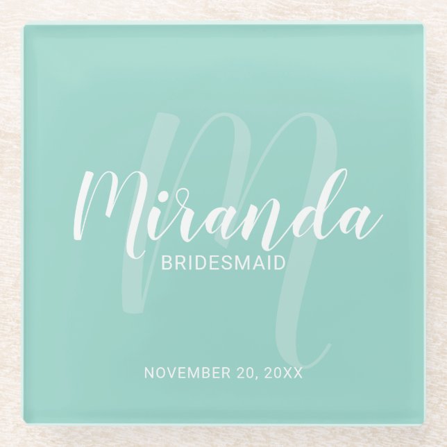 Mint Green Modern Script Personalized Bridesmaids Glass Coaster (Front)