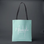 Mint Green Modern Script Personalized Bridesmaids Tote Bag<br><div class="desc">Add a personal touch to your wedding with personalized bridesmaids gift tote bag. This tote bag features personalized bridesmaid's name in white modern script font style and monogram in light green modern script font style as background with title and wedding date in white modern sans serif font style on mint...</div>