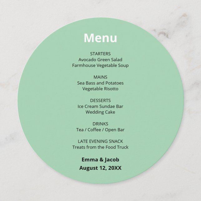 Mint Green Modern Wedding  Round Menu (Front)