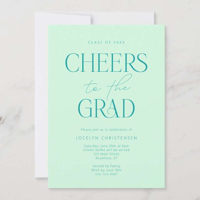 Mint Green moderne Cheers Grad Party Invitation (Devant)