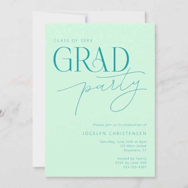 Mint Green Moderne Minimal Grad Party Invitation (Devant)
