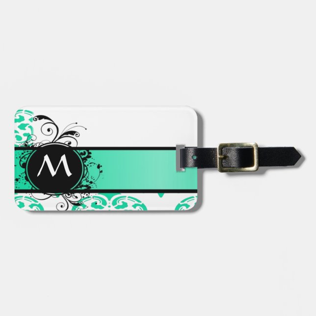 Mint green monogram damask luggage tag (Front Horizontal)
