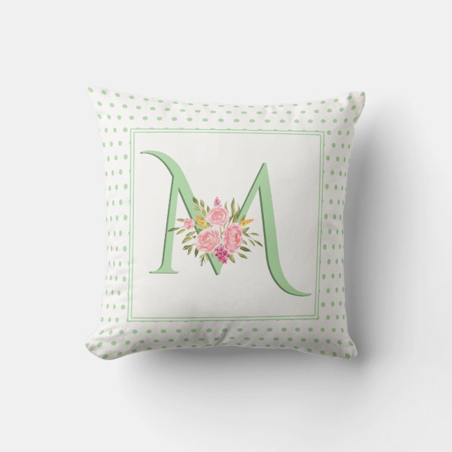 Mint green monogram, roses and polka dots throw pillow (Front)