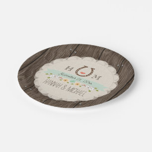 Mint Green Monogrammed Horseshoe Heart Wedding Paper Plate