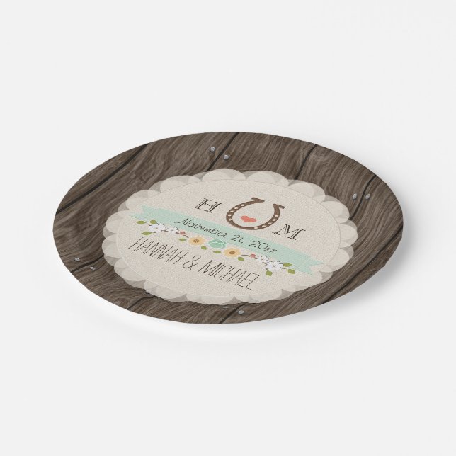 Mint Green Monogrammed Horseshoe Heart Wedding Paper Plate (Angled)