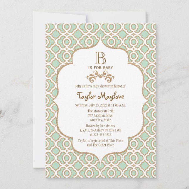 Mint Green Moroccan Gender Neutral Baby Shower Invitation (Front)