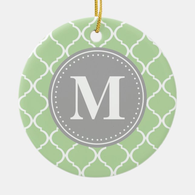 Mint Green Moroccan Lattice Grey Monogram Ceramic Ornament (Front)