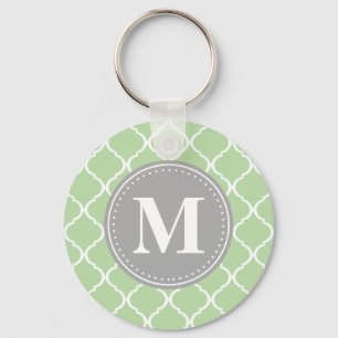Mint Green Moroccan Lattice Grey Monogram Keychain